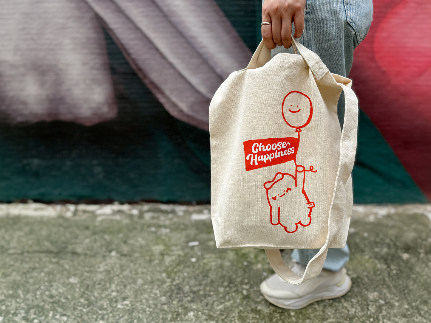 "Flying with Happy Balloon" Tote Bag with Short Handle